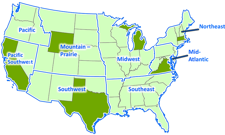 US map with the study states highlighted